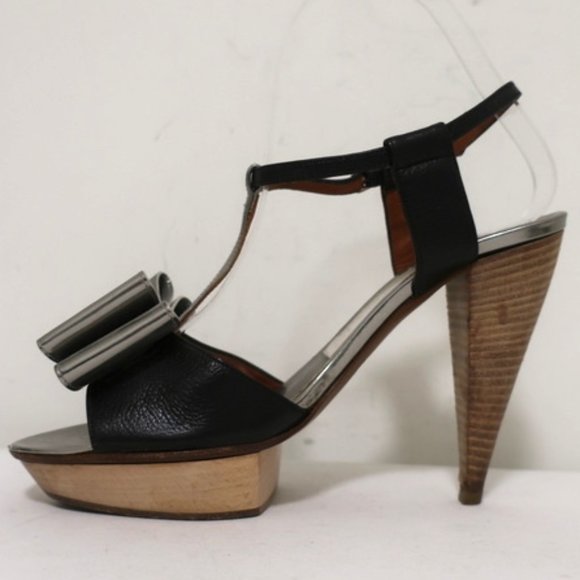 Lanvin Bow T-Strap Sandals Silver & Black Size 37 - Picture 7 of 12